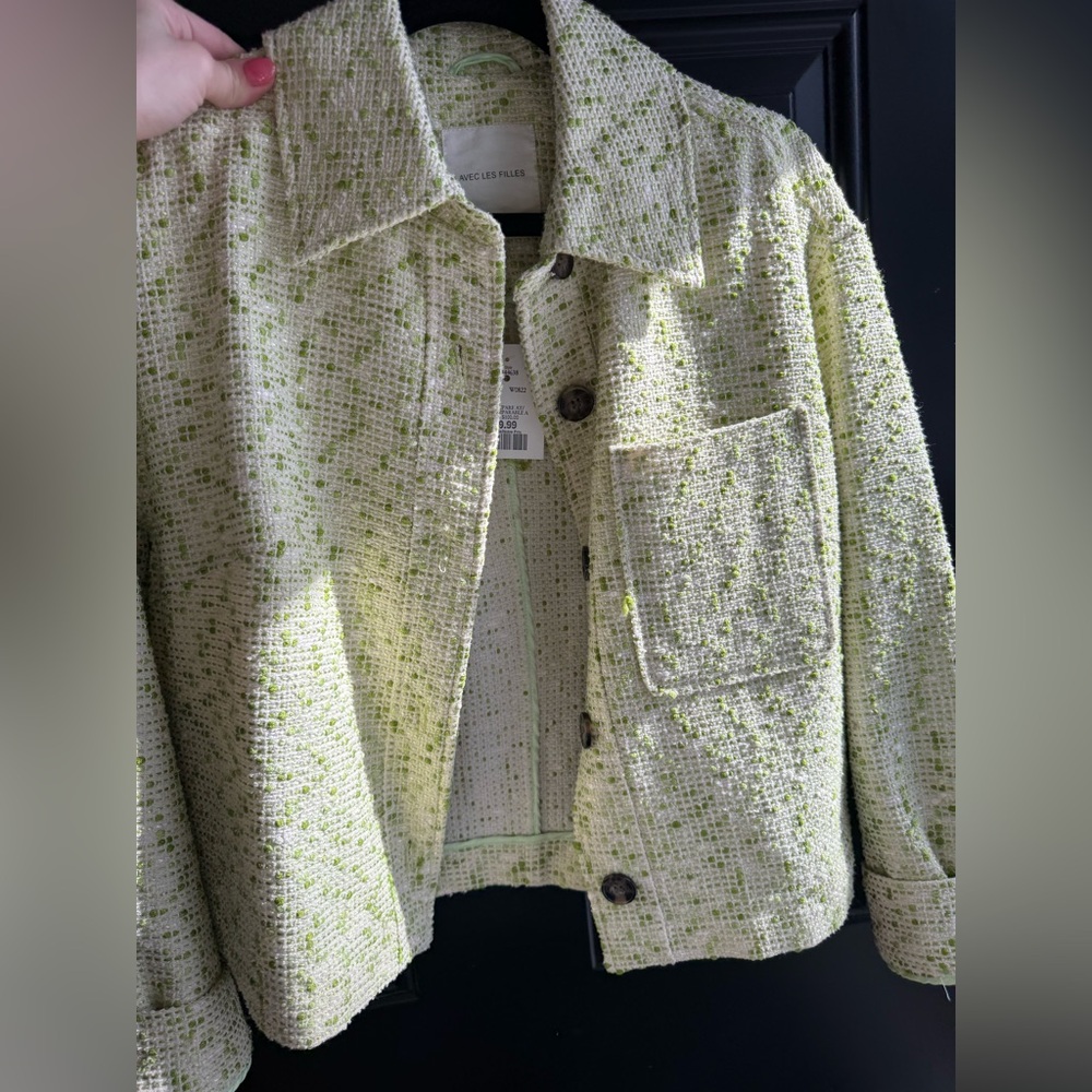 Avec Les Filles Light Green Tweed Button Jacket